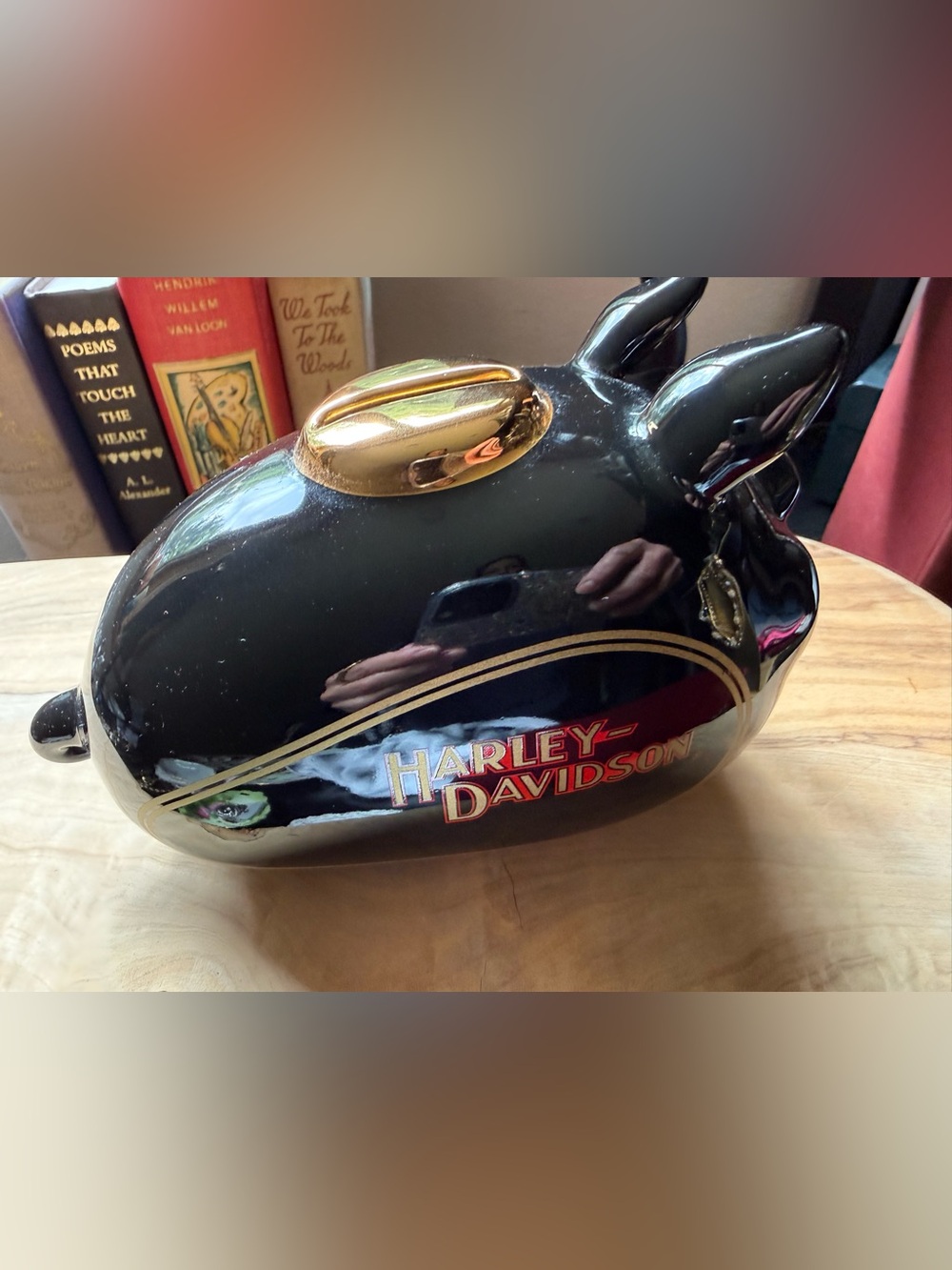 Harley Davidson Ceramic Piggy Bank Black Gold Motorcycle Decor 2002 - Picture 4 of 6